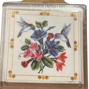 Hummingbirds Trivet Cross Stitch Kit Morning‎ Glory Flowers 6x6" Cottagecore NEW